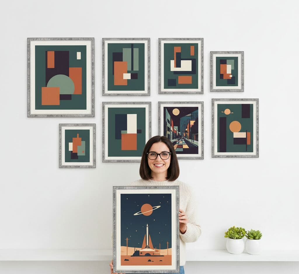 Smiling woman with glasses presenting textured silver picture frame displaying retro mid-century space rocket poster with Saturn planet against night sky standing beside gallery wall featuring eight silver frames with modern geometric abstract art in teal, terracotta, sage, and cream tones