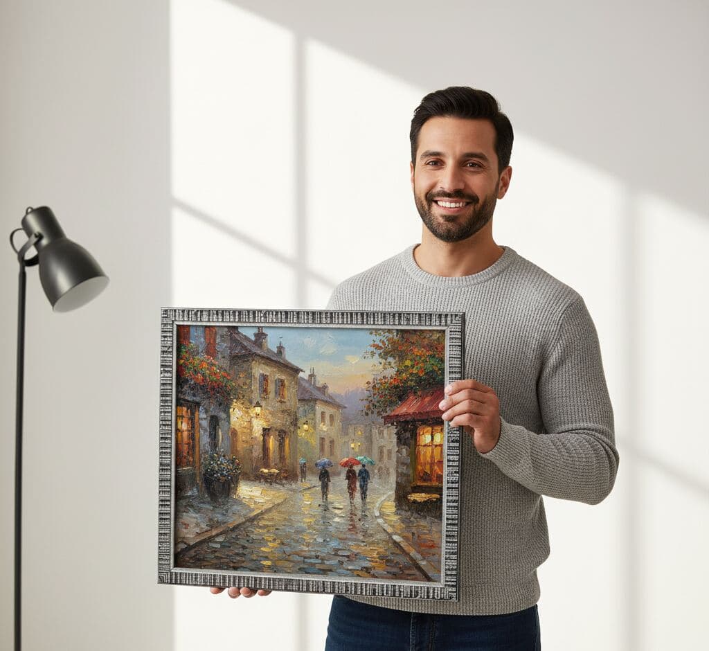 Man in gray knit sweater presenting textured silver picture frame displaying impressionist European street scene painting featuring rainy cobblestone street with glowing cafe windows, pedestrians with umbrellas, and autumn trees in warm golden hour lighting