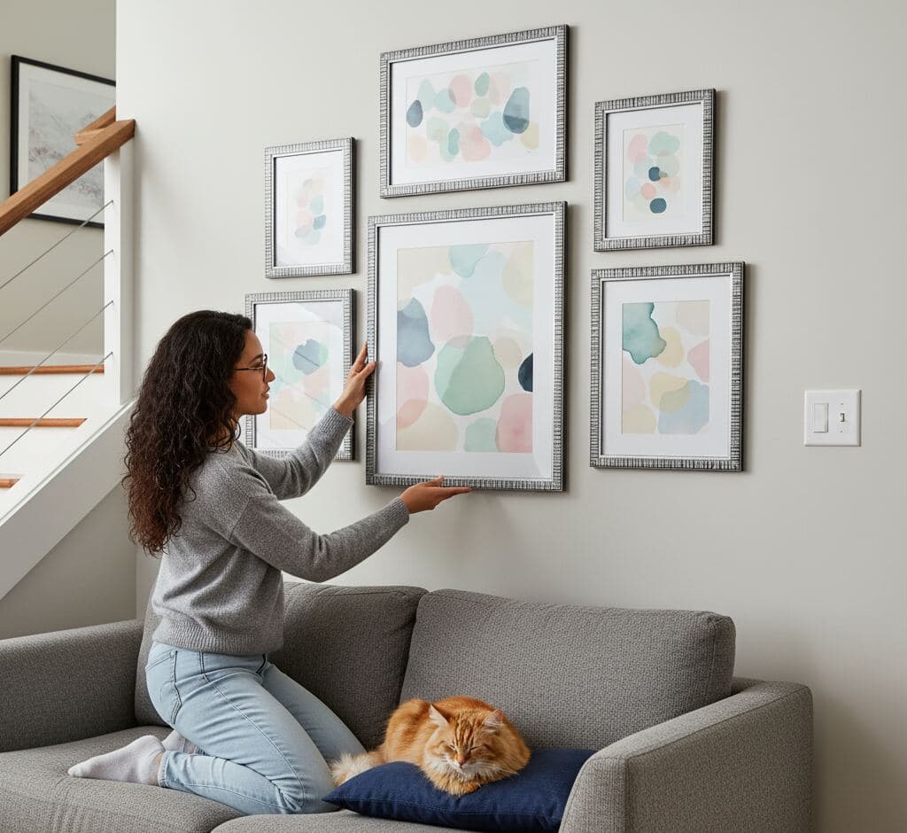 Woman on gray sofa arranging asymmetric cluster gallery wall of five textured silver picture frames with white mat boards displaying minimalist watercolor organic shapes and pebbles in soft pastel pink, teal, sage, and cream tones with orange tabby cat resting nearby