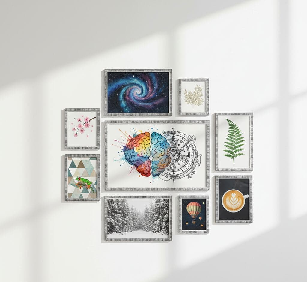 Dramatic asymmetric gallery wall featuring ten textured silver picture frames displaying eclectic artwork including vibrant spiral galaxy astronomy photography, colorful left brain right brain illustration with rainbow watercolor and mechanical clockwork, delicate cherry blossom branch, geometric triangles with frog, pressed fern botanicals, black and white winter forest, hot air balloon, and coffee latte art