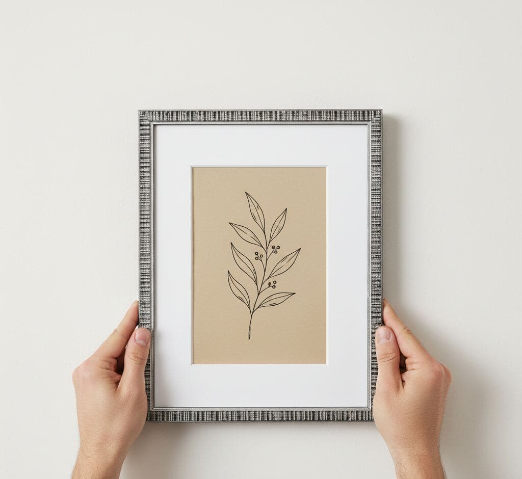 Hands holding textured silver picture frame with white mat board showcasing minimalist botanical line art drawing of simple leaf branch on natural kraft paper background in clean contemporary style