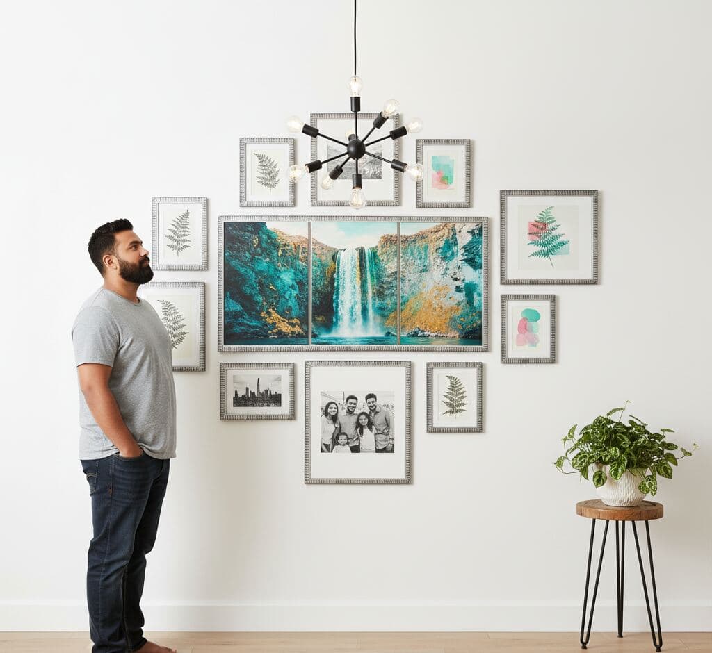 Man admiring expansive modern gallery wall centered on large dramatic waterfall landscape diptych in textured silver picture frames surrounded by eleven coordinating silver frames displaying pressed fern botanicals, black and white family portrait, NYC skyline silhouette, and abstract watercolor shapes beneath mid-century modern sputnik chandelier