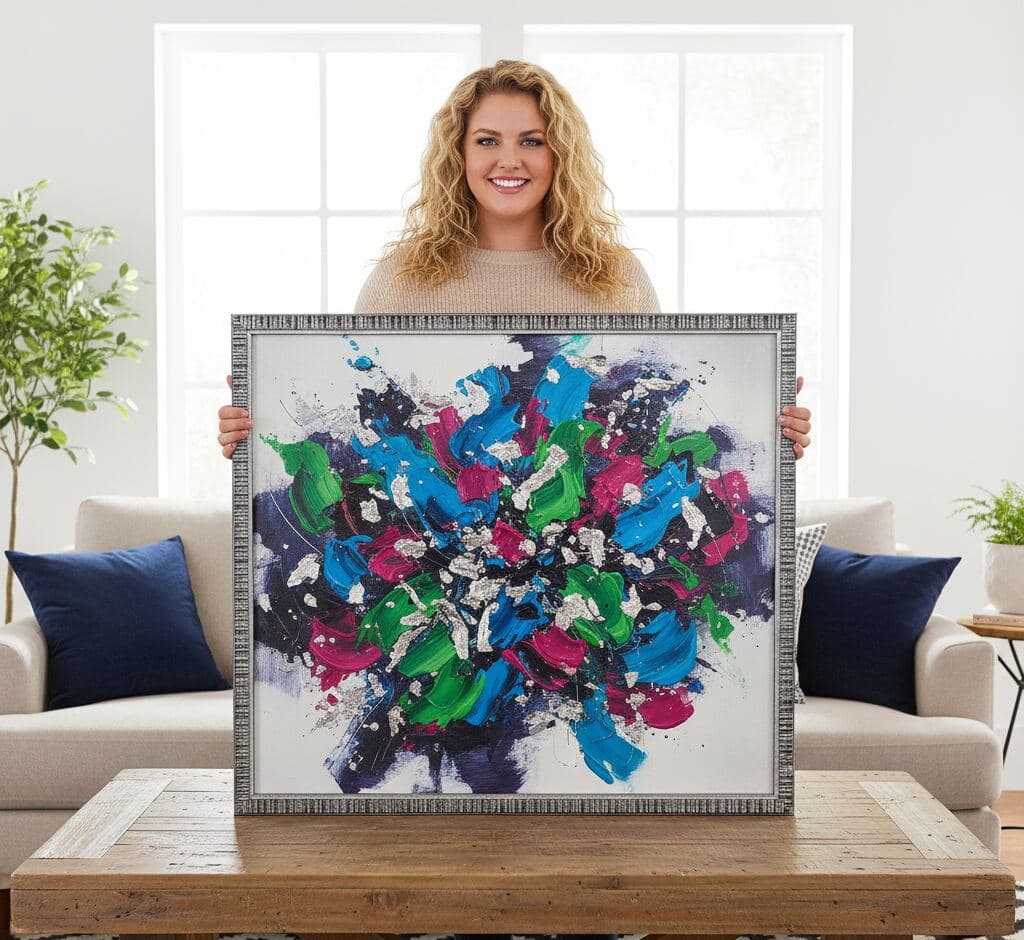 Woman presenting oversized textured silver picture frame showcasing bold abstract expressionist painting with energetic blue, magenta, pink, and green brushstrokes and white paint splatter on light gray background in bright modern living room with large windows