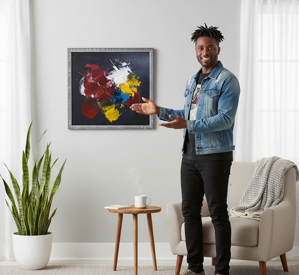 Man in denim jacket presenting textured silver picture frame displaying bold abstract expressionist painting with dynamic red, yellow, blue, and white gestural brushstrokes on dark charcoal background in modern minimalist living room with snake plant and mid-century side table