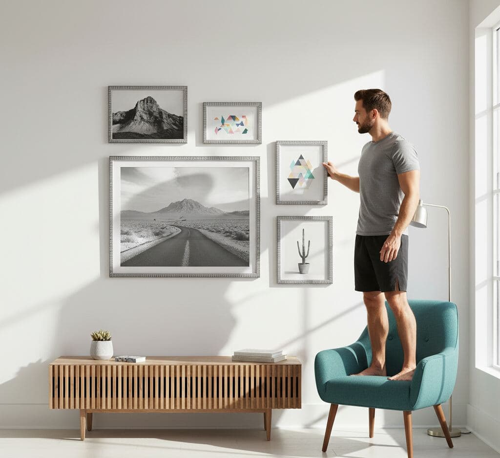 Man in gray t-shirt and black shorts stands on teal chair adjusting gallery wall of silver picture frames featuring geometric and landscape artwork