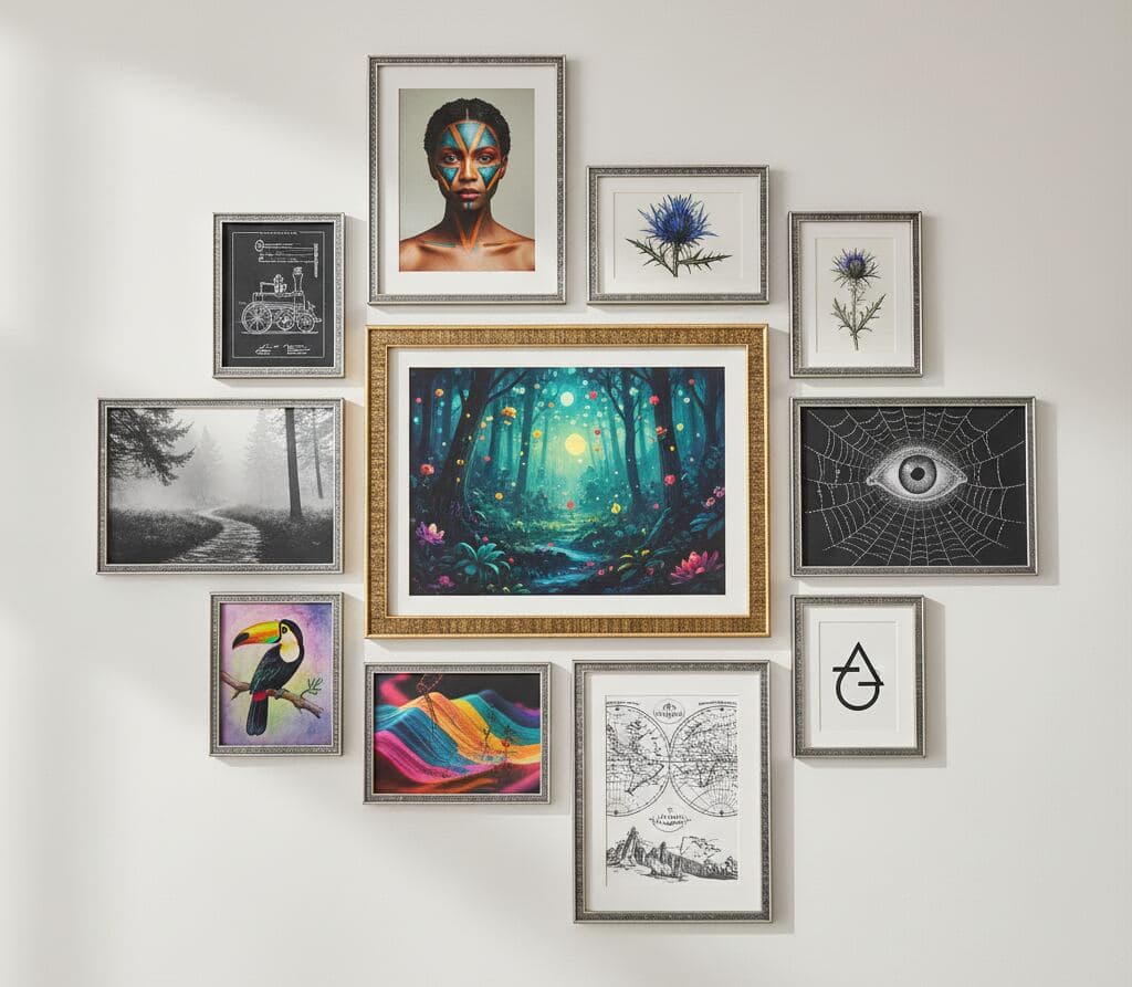 Mixed gallery wall of silver and gold picture frames displays assorted artwork including portraits, botanical prints, forest scene, and toucan painting