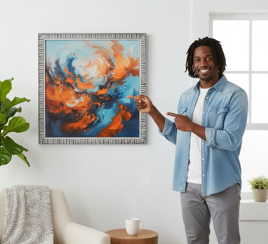 Man in denim shirt points to large silver-framed abstract painting in blue and orange tones hanging on wall beside chair and table