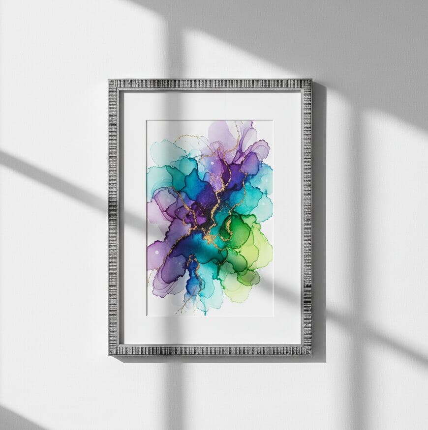 Silver picture frame hangs on white wall displaying watercolor artwork in blue, green, and purple hues accented with gold veins