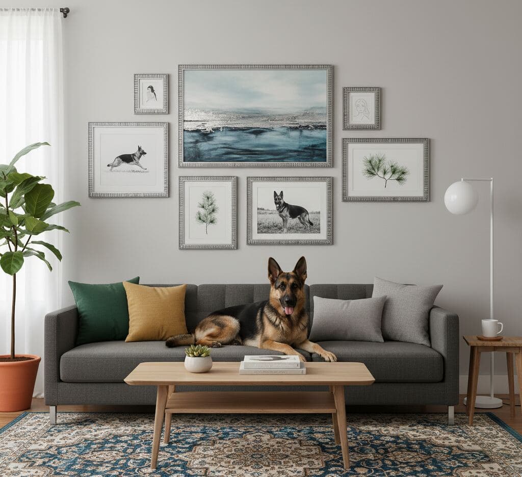 Gray sofa with colorful pillows sits beneath gallery wall of silver picture frames displaying dog portraits, trees, and landscape artwork, with German shepherd resting on sofa