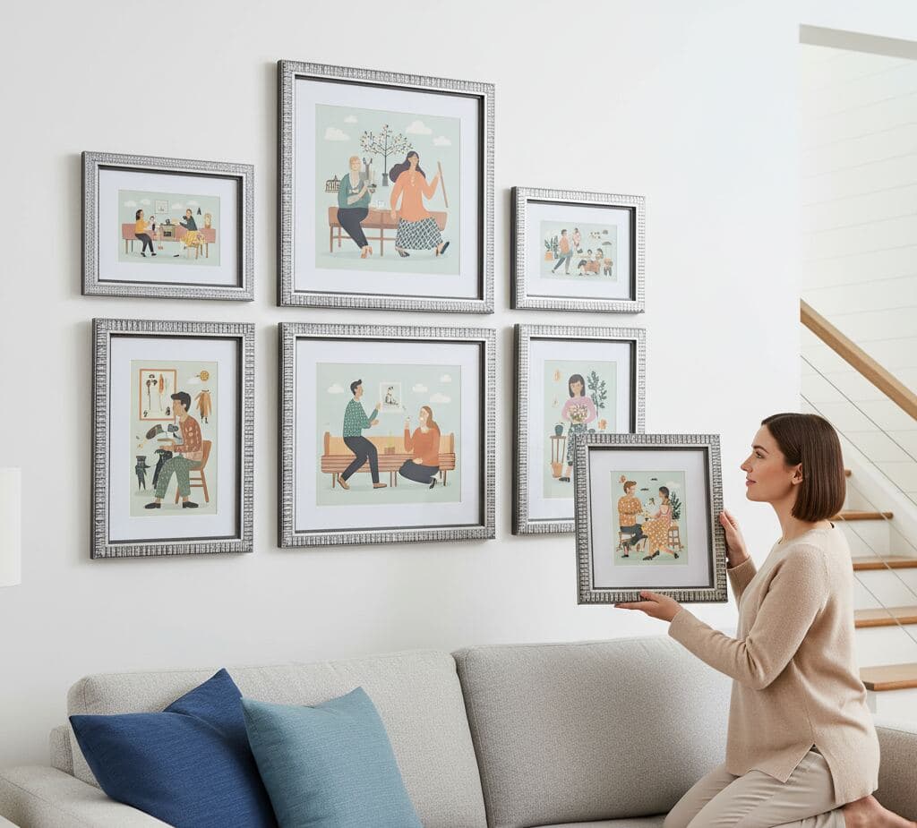 Woman sits on sofa arranging gallery wall of silver picture frames displaying mid-century-style illustrations of people in conversation