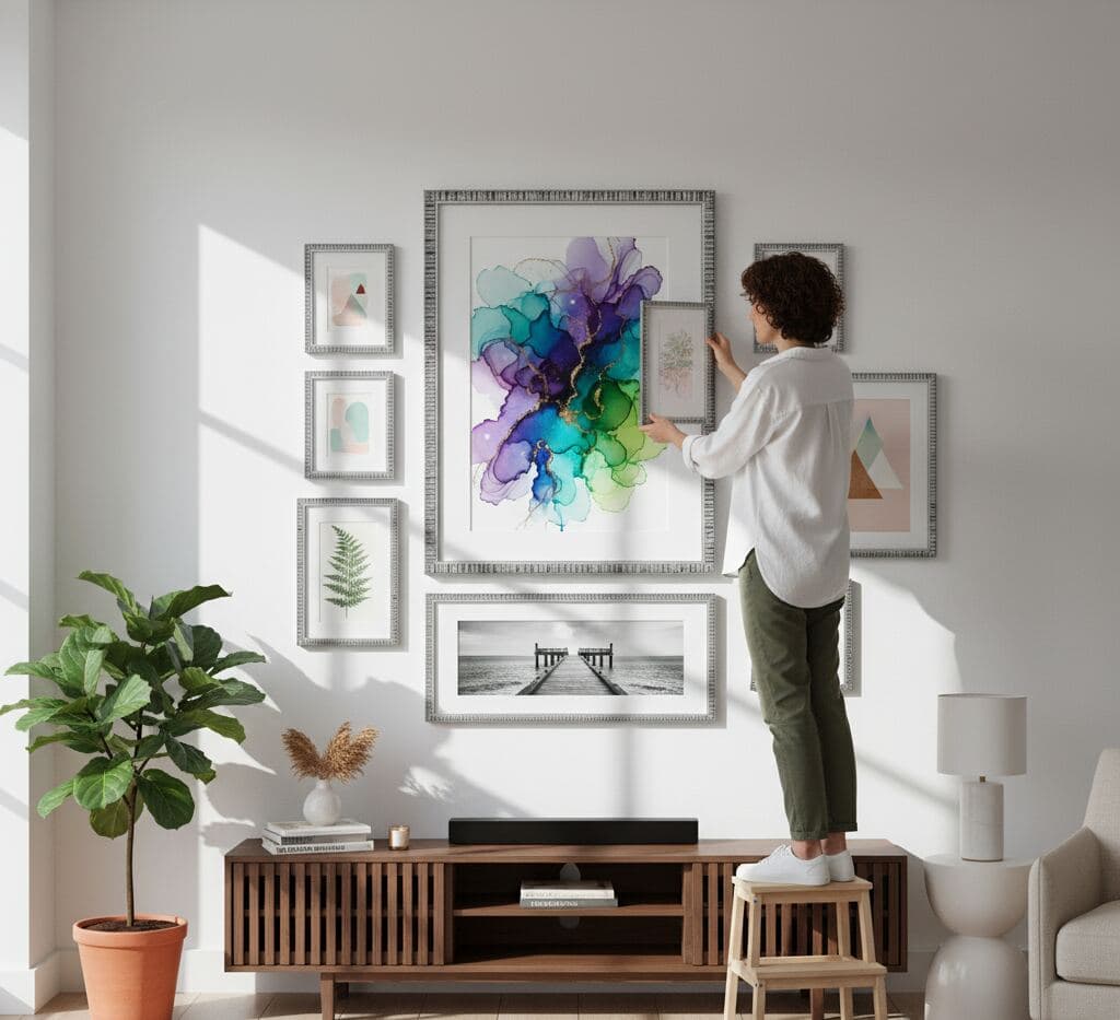 Woman stands on stool adjusting gallery wall of silver picture frames featuring large colorful watercolor centerpiece surrounded by botanical and geometric prints