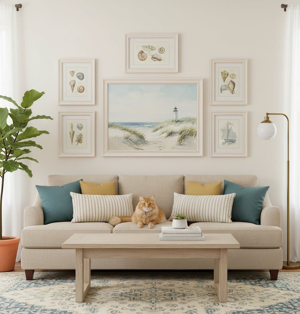Coastal Picture Frame gallery wall above beige sofa featuring framed seashell collections coral fan illustrations sailing boat sketches ocean waves and lighthouse photography in whitewashed wood frames with white mats creating serene beach house living room display