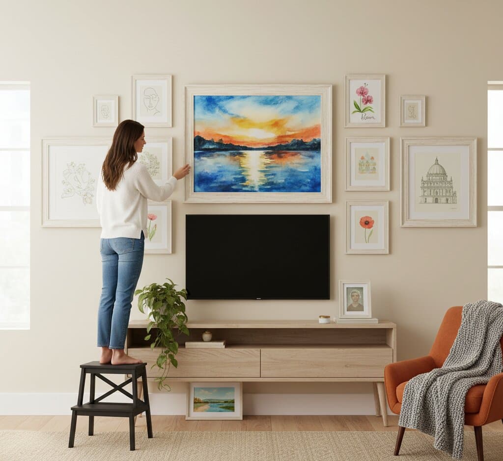 Woman standing on step stool arranging Coastal Picture Frame gallery wall around flat screen TV featuring vibrant watercolor sunset over water botanical line drawings orchid flowers and architectural prints in whitewashed picture frames creating cohesive entertainment center wall decor