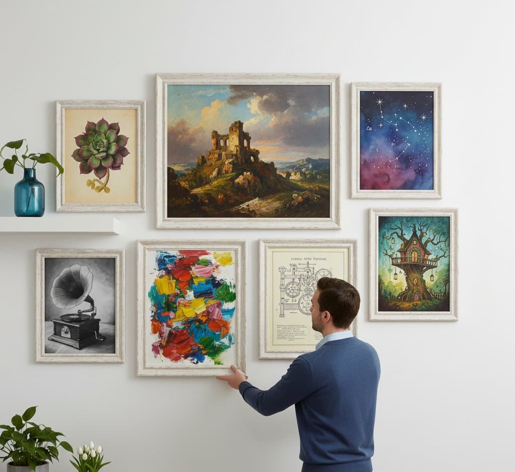 Man adjusts Coastal Picture Frame in eclectic gallery wall featuring oil painting of European castle ruins colorful abstract expressionist art vintage gramophone photography succulent botanical illustration constellation star chart and whimsical tree house painting all in whitewashed wood frames