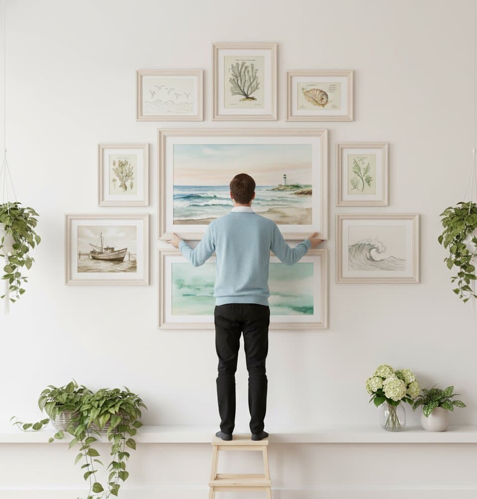 Man on wooden stool arranges nine Coastal Picture Frame symmetrical gallery wall featuring coastal watercolor seascapes ocean waves abstract beach scenes shell collection and botanical prints all in whitewashed wood frames with white mats beside hanging plants creating bright coastal wall display