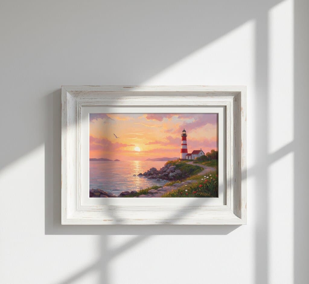 Coastal Picture Frame with white mat displays vintage red-striped lighthouse at sunset painting with rocky coastline mounted on textured wall with dramatic natural window light built for nautical coastal picture framing in whitewashed 1.75 inch wood profile