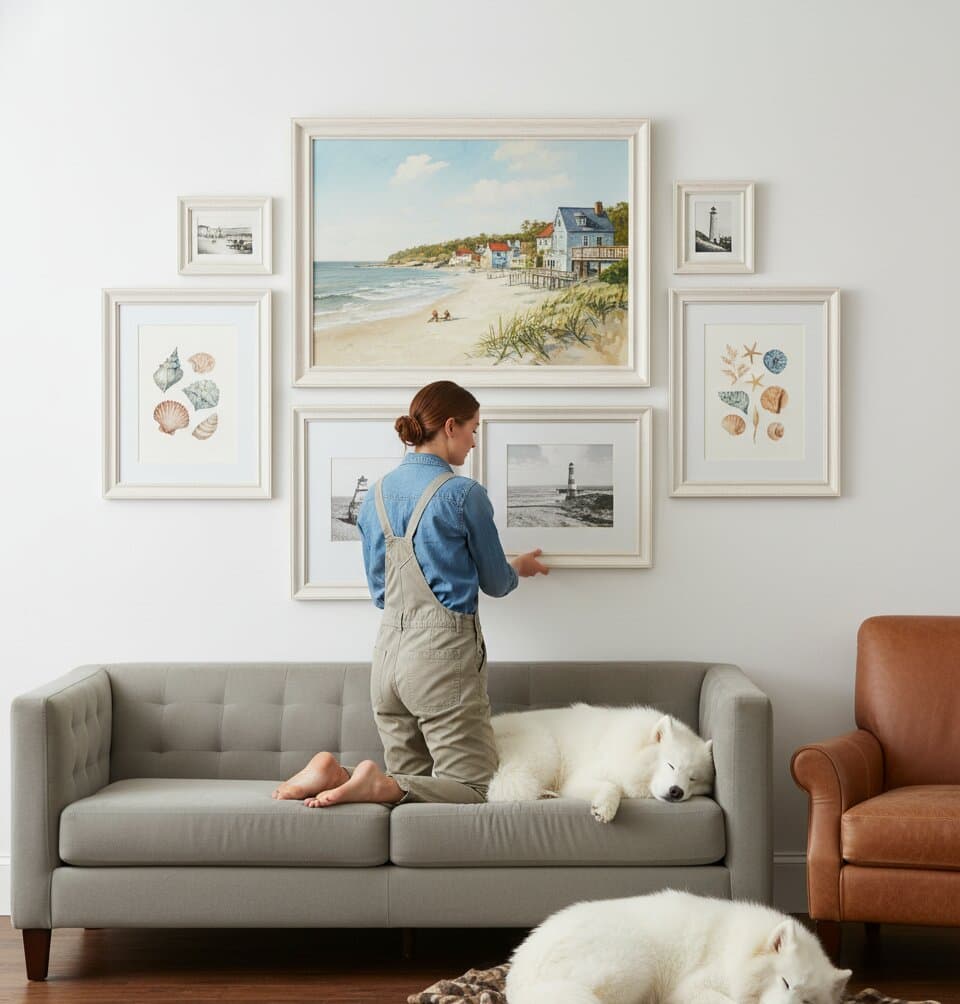 Woman arranges six Coastal Picture Frame asymmetric gallery wall featuring beach house paintings ocean photography seashell collections starfish prints coral illustrations and black-and-white lighthouse images in whitewashed picture frames with white mats above mid-century credenza creating sophisticated coastal wall arrangement