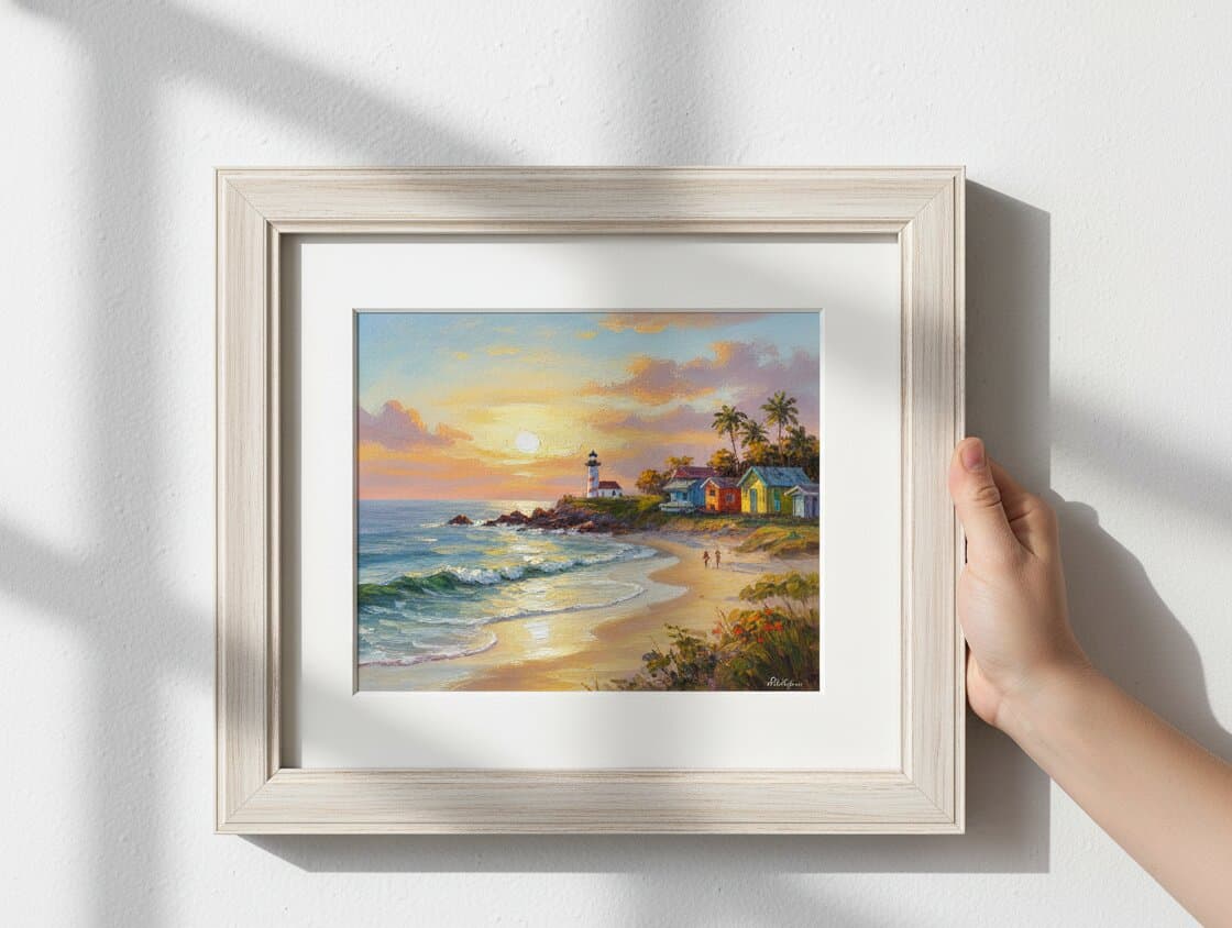Hand holds Coastal Picture Frame with double white mat showcasing tropical sunset painting with palm trees red-roofed cottage classic lighthouse golden hour beach scene tailored for beach house framing in substantial whitewashed wood custom frame