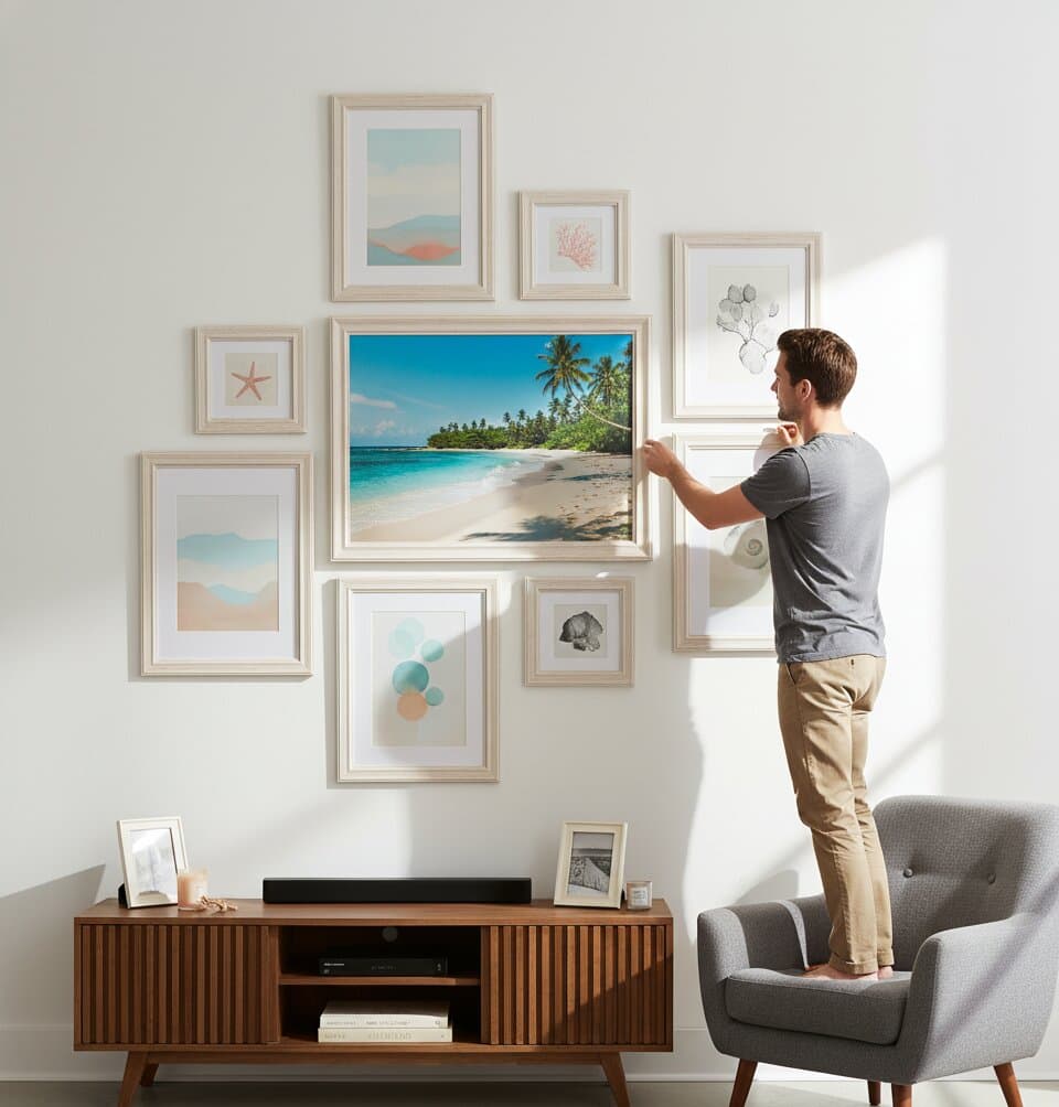 Man standing on chair arranges ten Coastal Picture Frame asymmetric gallery wall featuring tropical beach photography with palm trees coral reef underwater scenes seashell watercolors ocean abstracts and coastal botanical art in whitewashed wood frames above modern media console creating dynamic beach-themed wall display
