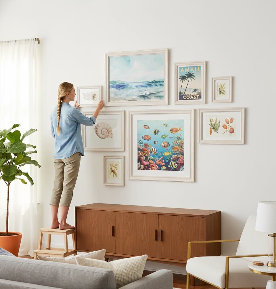 Woman on step stool creates Coastal Picture frames coastal gallery wall featuring ocean watercolor paintings seashell collections beach dune path coral sea fan illustrations starfish prints and Amalfi Coast vintage travel poster all in whitewashed picture frames with white mats beside vintage credenza and plants