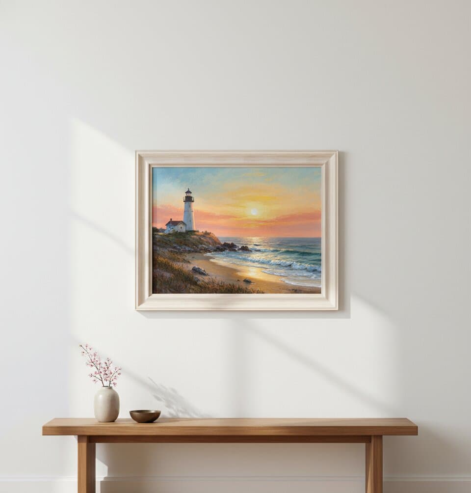 Coastal Picture Frame with white mat displaying classic lighthouse at sunset oil painting featuring warm orange glow rocky coastline sandy beach and gentle waves mounted on neutral wall above wooden console table suited to traditional coastal home decor in whitewashed wood frame