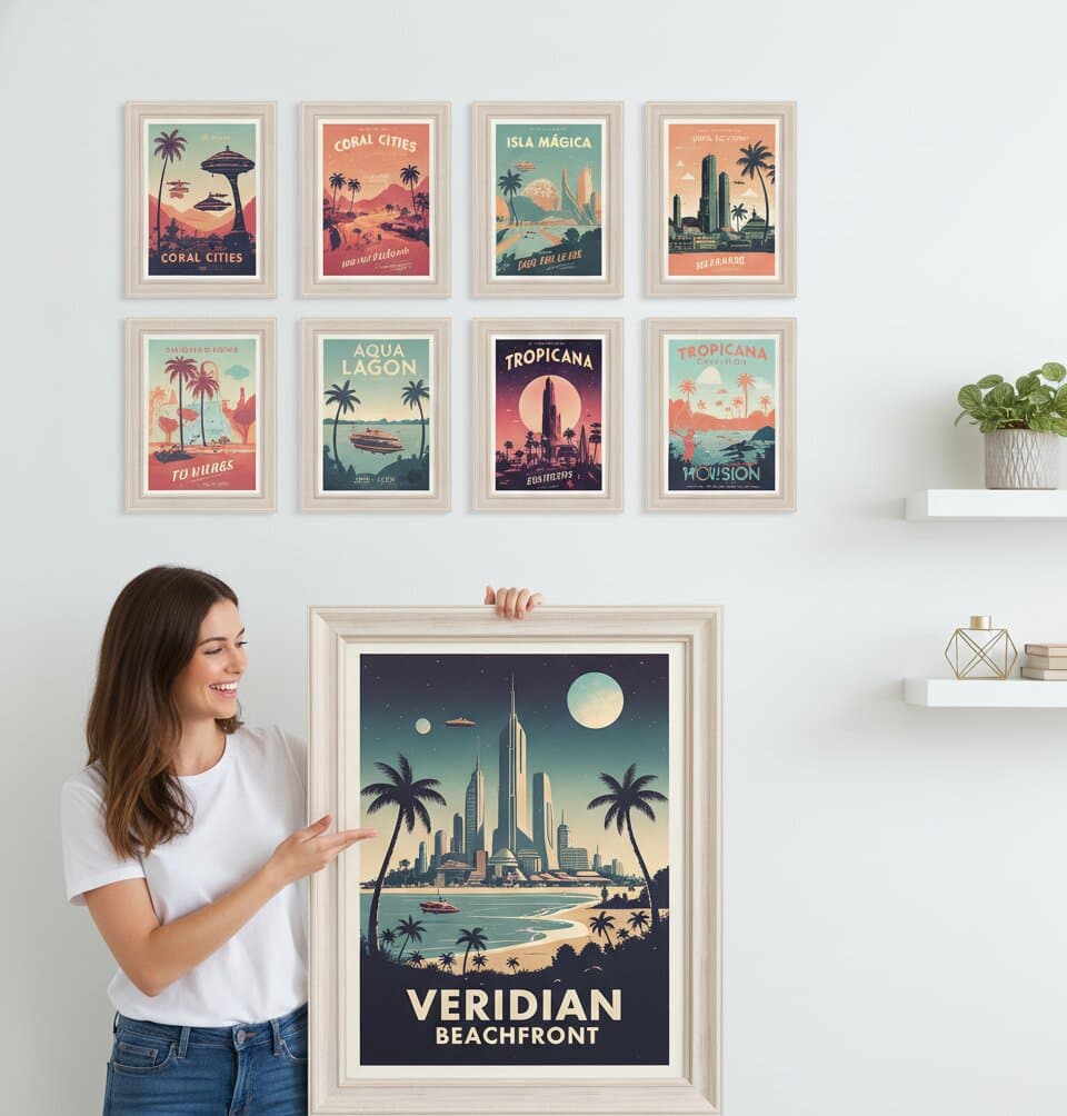 Woman presents large Coastal Picture Frame featuring retro Veridian Beachfront travel poster with art deco skyline and palm trees surrounded by eight smaller whitewashed picture frames displaying vintage tropical destination posters including Coral Cities Isla Magica Aqua Lagoon and Tropicana creating vibrant gallery wall with mid-century modern aesthetic