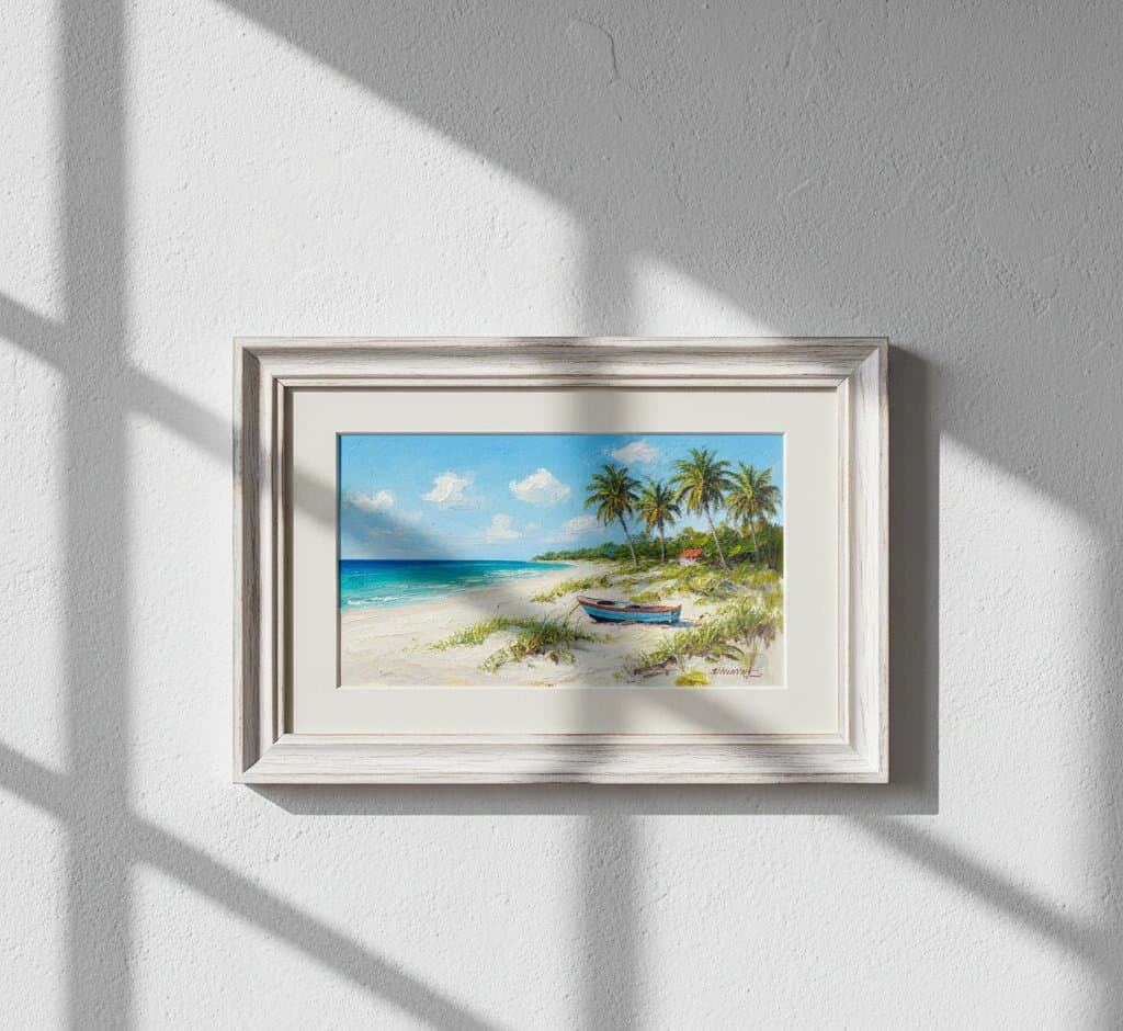 Coastal Picture Frame with double white mat showcasing tropical beach paradise painting with turquoise water palm trees colorful fishing boat and thatched hut mounted on textured wall with natural sunlight shadows excellent for beach photography and coastal artwork in whitewashed 1.75 inch wood picture frame