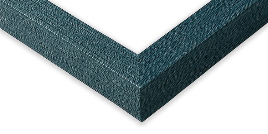 Barn Blue Standard Shadowbox corner detail showing precision mitered joint with weathered barn blue finish 0.75 inch moulding width and 1 inch usable depth made for coastal collectible shadowbox displays