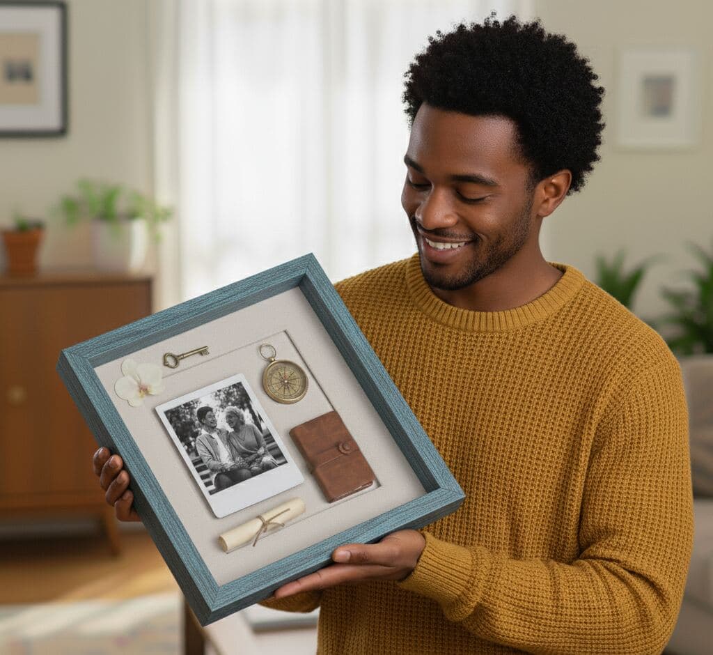 Blue shadowbox frames for custom memorabilia display