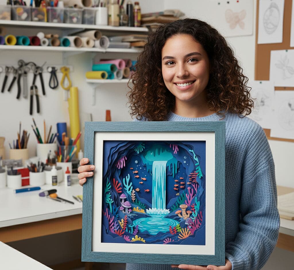 Barn blue shadowbox frame showcasing layered paper cut ocean scene with waterfall, fish, and coral reef artwork