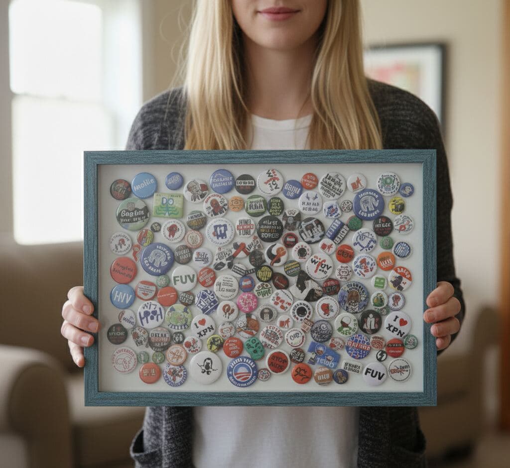 Woman displaying vintage political button collection in weathered barn blue shadowbox picture frame