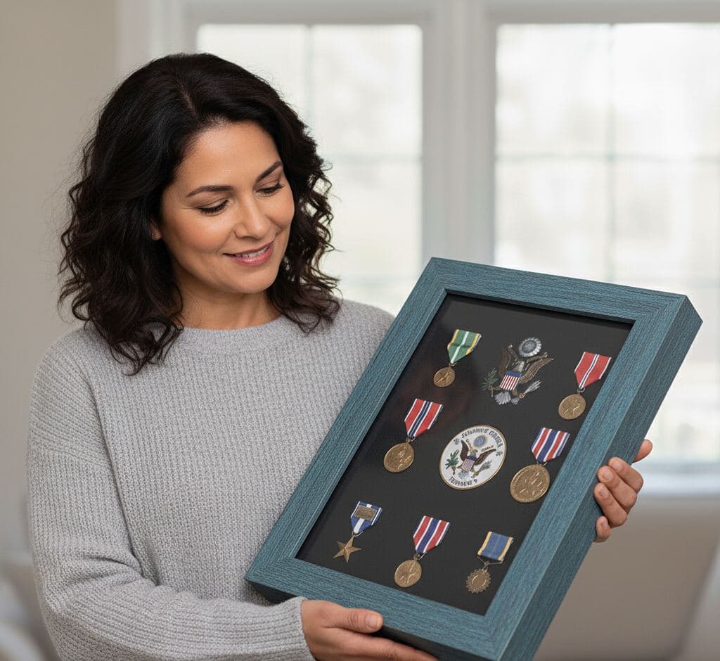 Weathered barn blue shadowbox displaying military service medals including Purple Heart and bronze stars on black velvet