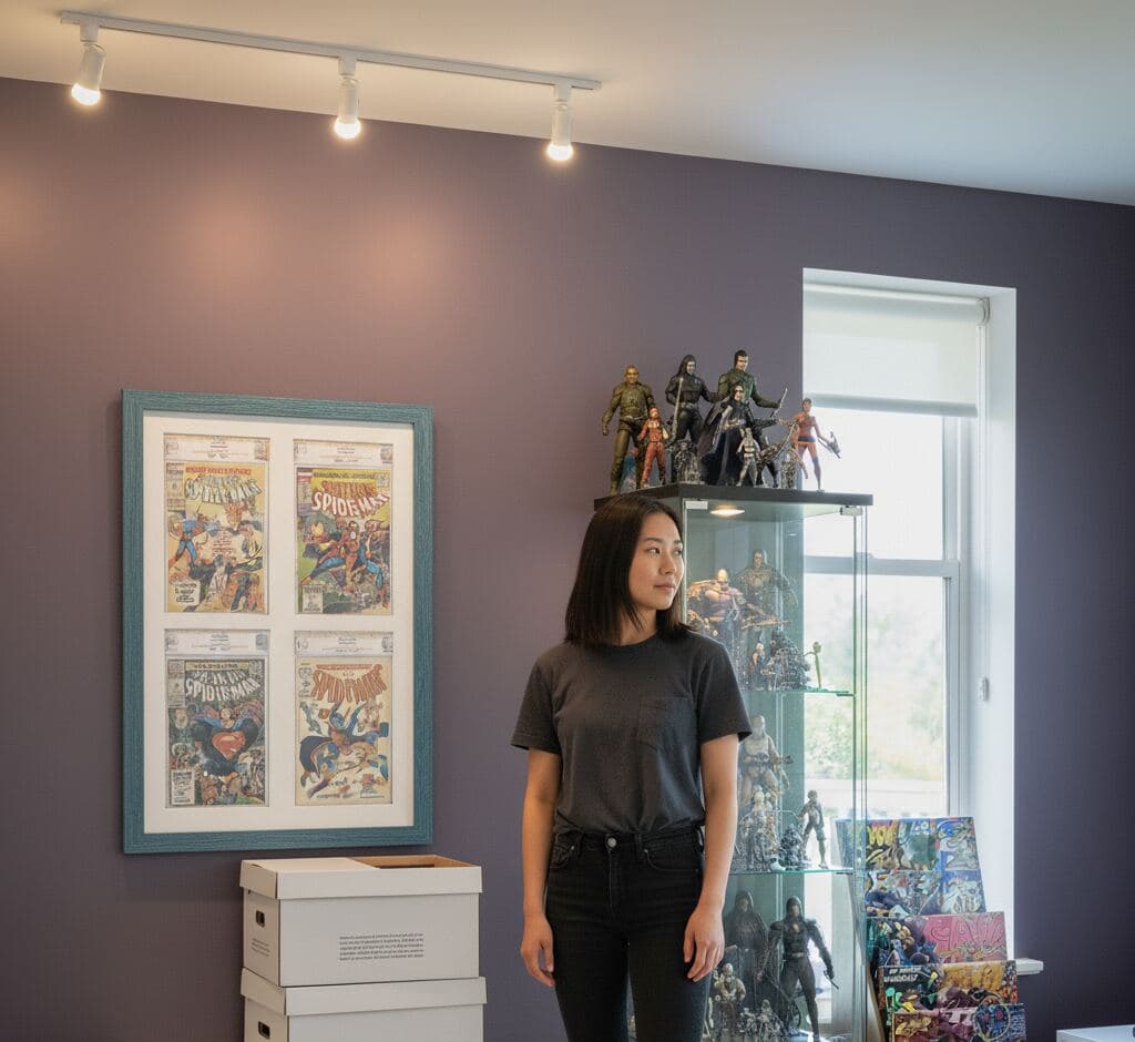 Barn blue shadowbox frame wall-mounted with vintage Spider-Man comic books in modern collector room