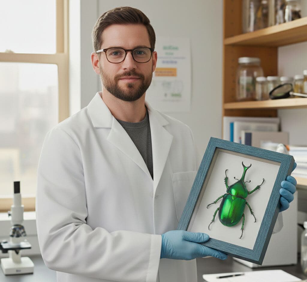 Researcher holding barn blue shadowbox with preserved green jewel beetle insect specimen for scientific display
