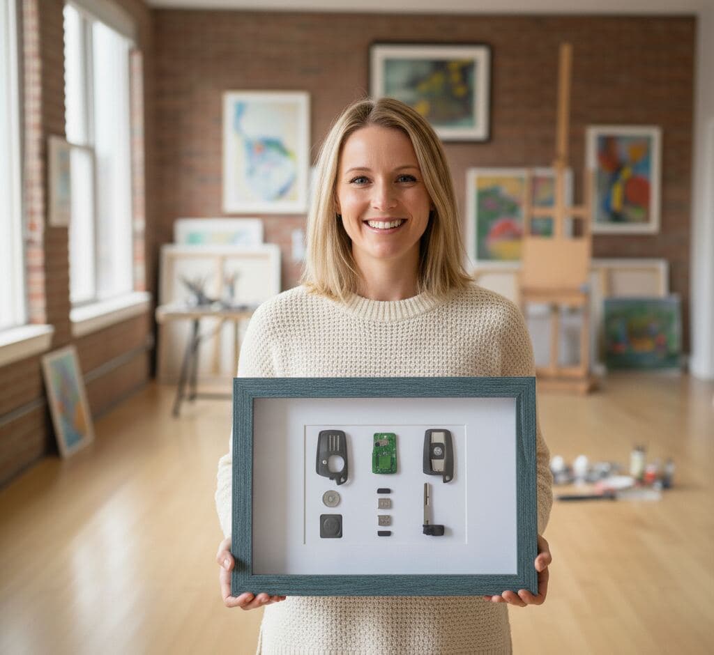 Barn blue shadowbox displaying automotive key fob components, circuit boards, and electronic memorabilia collection