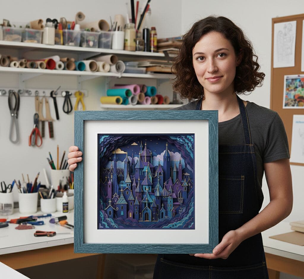Woman holding barn blue shadowbox with dimensional layered paper cut fantasy castle cityscape artwork