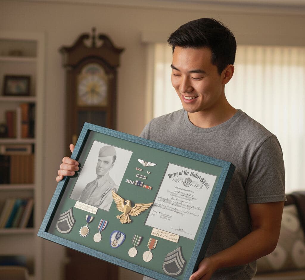 Man admiring barn blue shadowbox preserving military service memorial with medals, photos, and certificates