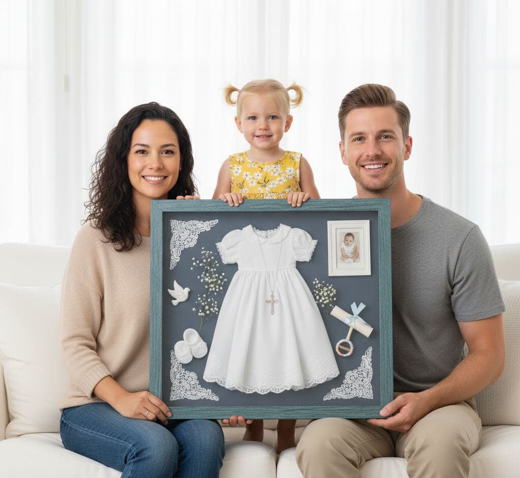 Family displaying christening keepsakes in barn blue shadowbox including white baptism dress, baby photo, and memorabilia