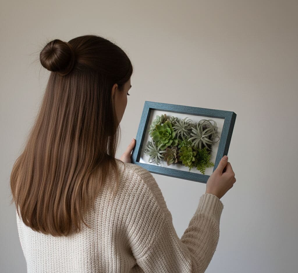 Living succulent vertical garden arranged in weathered barn blue shadowbox frame with air plants and echeveria