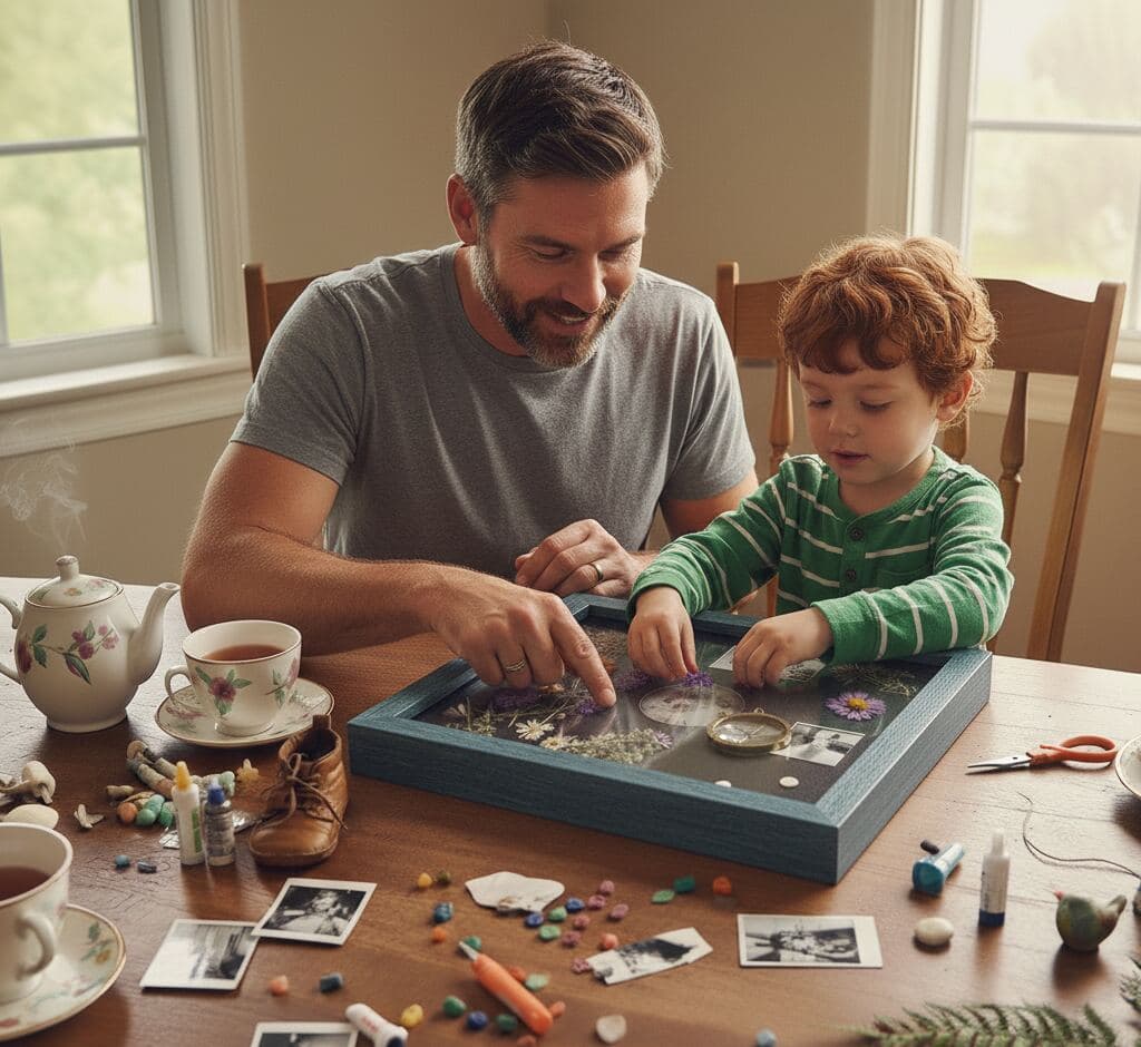 Father and son creating family memory shadowbox with craft materials, photos, and treasured keepsakes at home