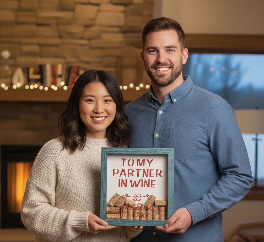 Couple holding barn blue shadowbox wine cork collection with personalized message for anniversary gift display