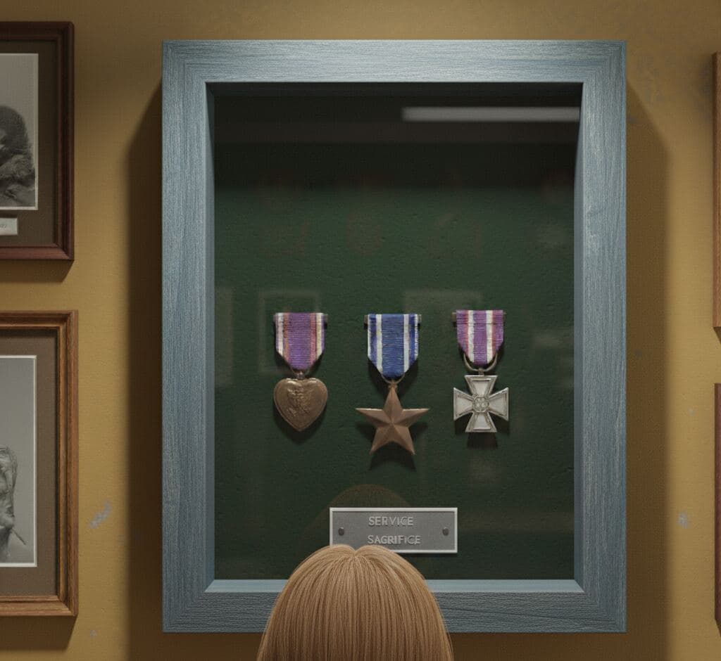 Wall-mounted barn blue shadowbox displaying three military valor medals with SERVICE SACRIFICE plaque on green velvet