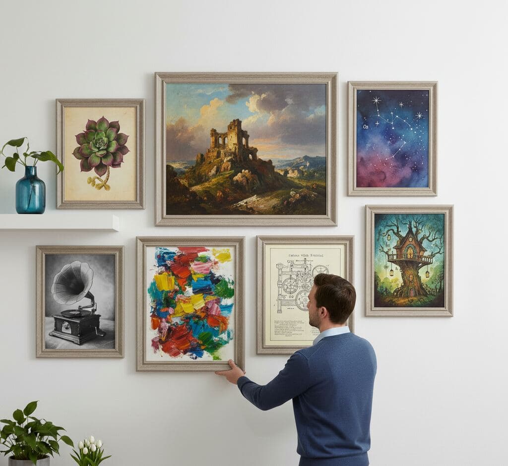 Eclectic gallery wall featuring seven diverse artworks in Brushed Silver Frame including castle landscape, constellation art, gramophone photography, abstract expressionist painting, vintage patent diagram, haunted tree illustration, and botanical succulent - showcasing 1.25 inch silver frames for mixed media collections and contemporary wall gallery arrangements