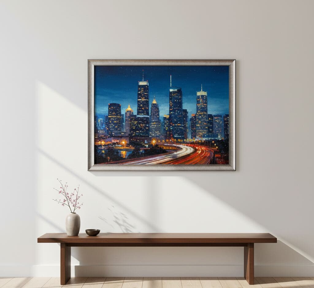 Urban skyline photography of illuminated city towers at dusk in wide Brushed Silver Frame mounted above modern wood console table with minimalist décor - demonstrating metallic silver picture frames for architectural photography and horizontal landscape wall art in contemporary interiors