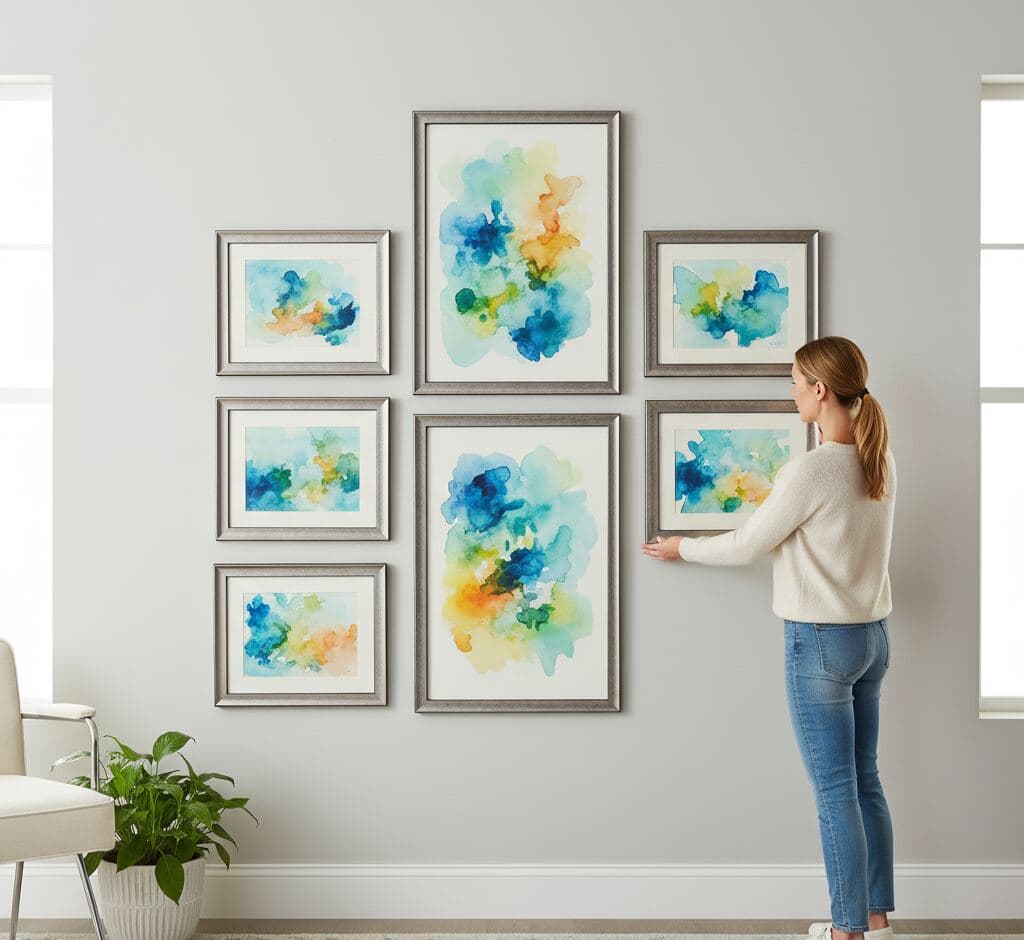 Abstract watercolor gallery wall with seven coordinated paintings in matching Brushed Silver Frame arranged in salon-style grid layout - illustrating silver picture frame collections for modern art series, coordinated color palettes, and multi-opening gallery wall displays