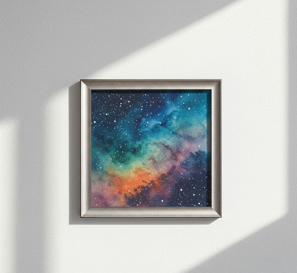 Cosmic nebula space art with vibrant orange and teal galaxy clouds in square Brushed Silver Frame on white wall with dramatic shadow - showcasing metallic silver frames for astronomy photography, celestial artwork, and modern square format picture framing