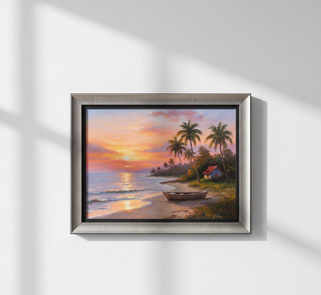 Tropical beach sunset oil painting with palm trees and wooden boat in horizontal Brushed Silver Frame on textured wall - demonstrating wide silver picture frames for landscape paintings, coastal artwork, and traditional oil painting display in refined settings