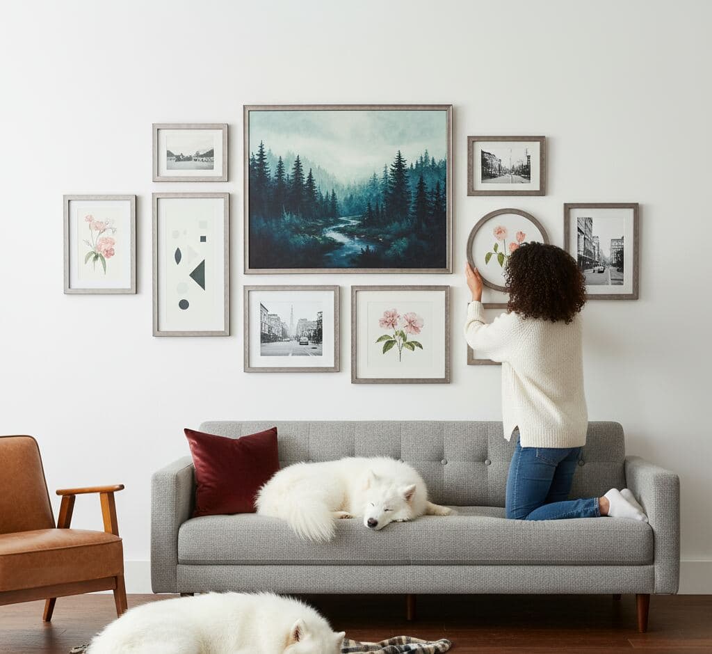 Eclectic living room gallery wall featuring misty forest landscape centerpiece surrounded by geometric art, botanical prints, urban photography, and floral illustrations in coordinated Brushed Silver Frame above gray sofa - illustrating metallic silver frames for mixed-subject gallery walls and contemporary salon-style arrangements