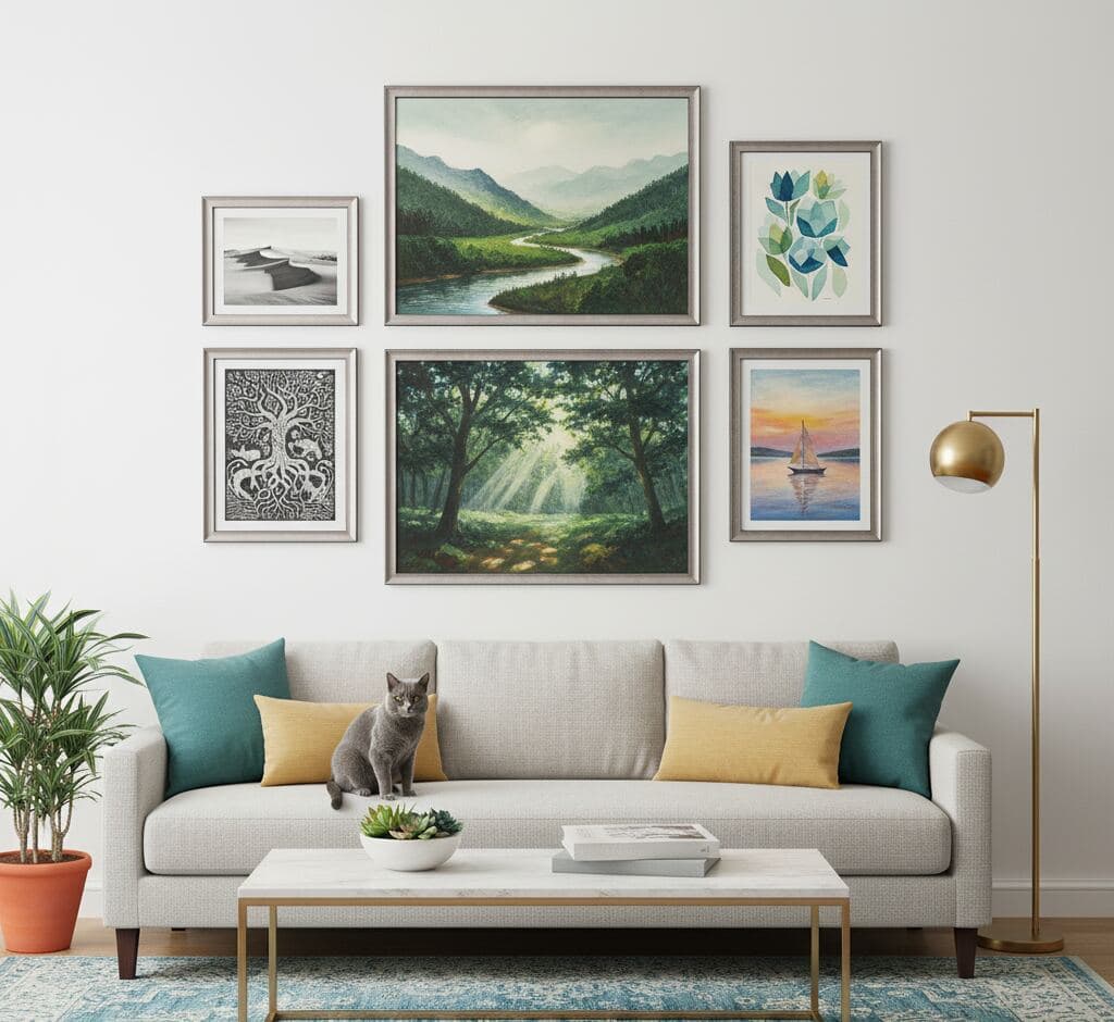 Nature-themed gallery wall with mountain valley landscape, forest stream painting, botanical eucalyptus print, tree of life artwork, and sailboat watercolor in varying sizes of Brushed Silver Frame above beige sectional - showcasing silver picture frame families for nature photography collections and organic-themed wall displays