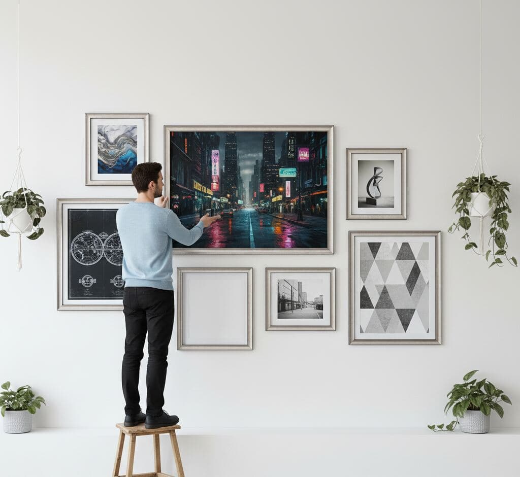 Contemporary gallery wall with cyberpunk cityscape, technical blueprints, abstract marbling, geometric patterns, and rocket photography in assorted Brushed Silver Frame - demonstrating metallic silver frames for modern eclectic art collections and urban-themed wall galleries
